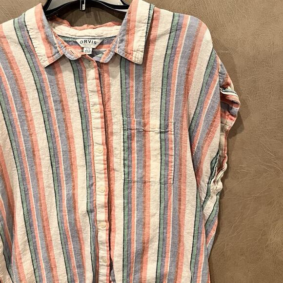 Orvis Linen Blend Shirt Womens Large Colorful Button Up Sleeveless Striped Top - Picture 4 of 11